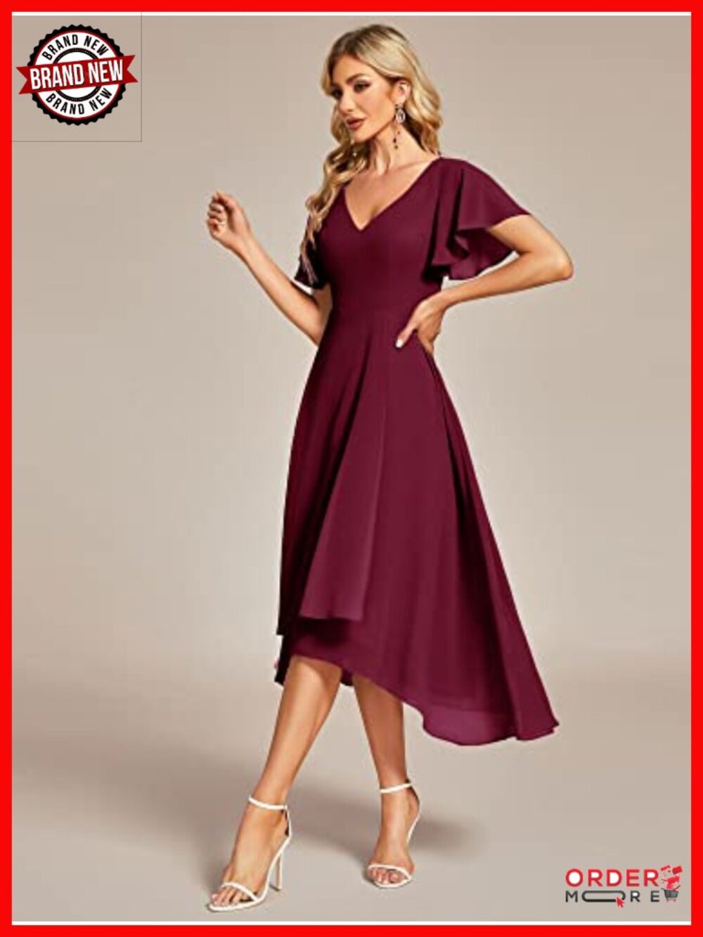 Elegant Chiffon V-Neck Flowy Midi Cocktail Dress - Picture 4 of 6